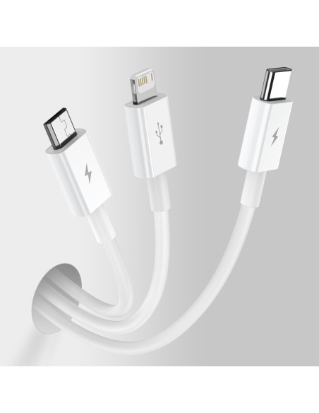 Puikus trys viename USB laidas iPhone Lightning USB-C microUSB 3,5 A 1,5 m baltas
