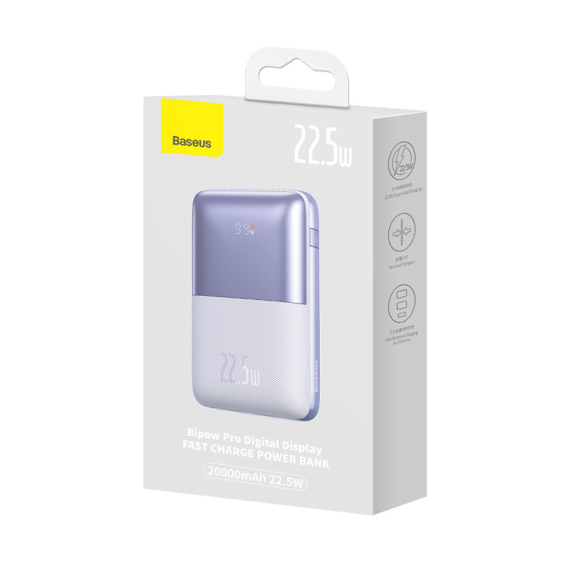 Powerbank Bipow Pro 20000mAh 22,5W su USB-C laidu 0,3m violetinė