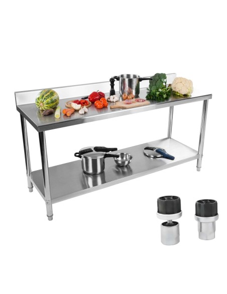 Virtuvinis stalas su nerūdijančio plieno stalviršiu su apvadu ir apatine lentyna 180x60cm Virtuvinis stalas su nerūdijančio plieno stalviršiu su apvadu ir apatine lentyna 180x60cm