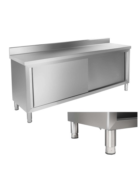 Plieninė virtuvės spintelė su stalviršiu ir nerūdijančio plieno briauna, plotis 200 cm Plieninė virtuvės spintelė su stalviršiu ir nerūdijančio plieno briauna, plotis 200 cm