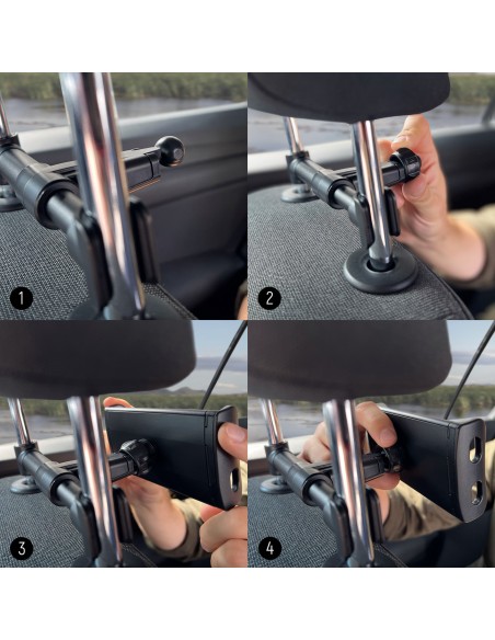 Juodas 2 viename automobilinis laikiklis planšetiniam kompiuteriui ant galvos atramos su pakabu