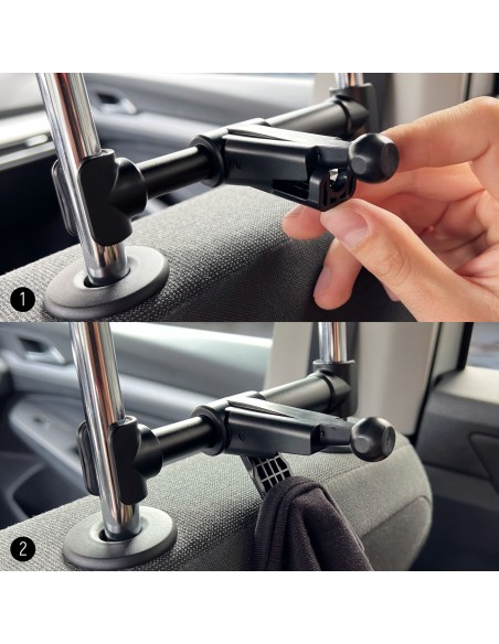 Juodas 2 viename automobilinis laikiklis planšetiniam kompiuteriui ant galvos atramos su pakabu