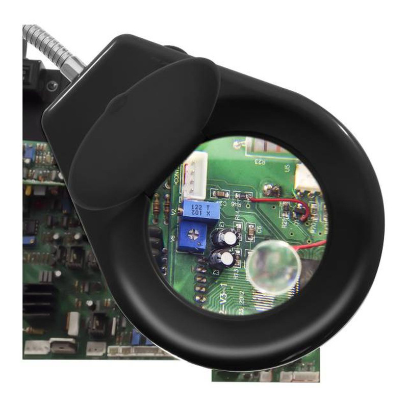 Bešešėlis LED stalinis šviestuvas su 5x/10x padidinamuoju stiklu ir PCB laikikliu