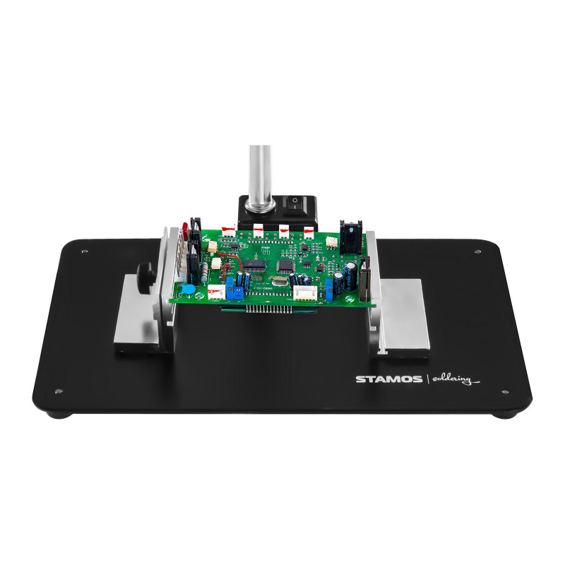 Bešešėlis LED stalinis šviestuvas su 5x/10x padidinamuoju stiklu ir PCB laikikliu
