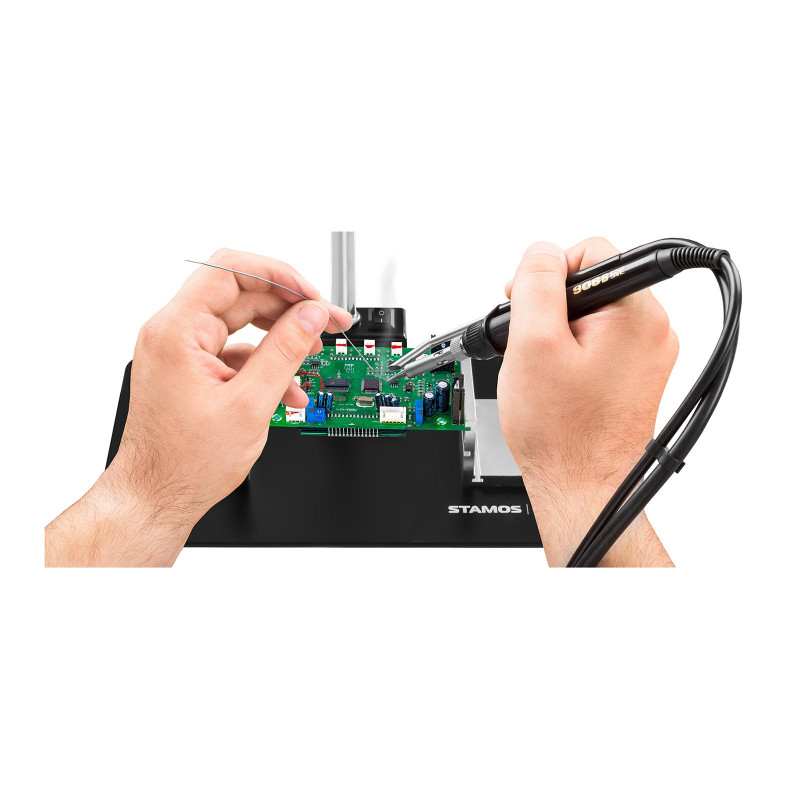 Bešešėlis LED stalinis šviestuvas su 5x/10x padidinamuoju stiklu ir PCB laikikliu