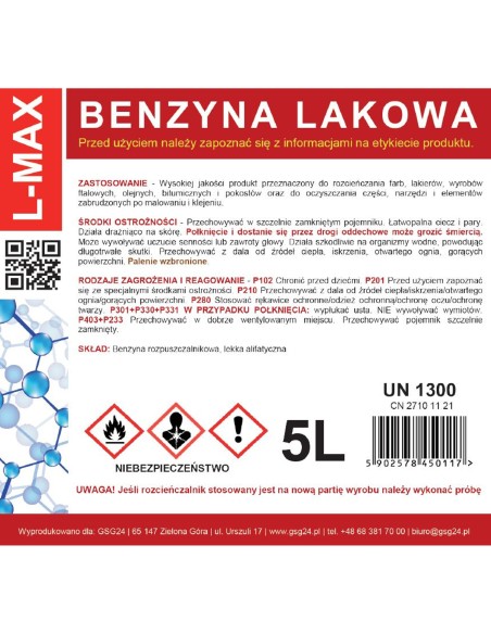 Vaitspiritas skiediklis dažams ir lakams L-MAX 5L Vaitspiritas skiediklis dažams ir lakams L-MAX 5L