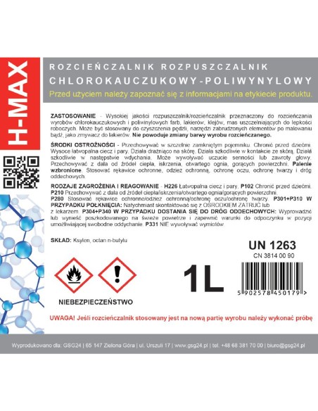 Polivinilchlorido gumos skiediklis H-MAX 1L dažams ir lakams Polivinilchlorido gumos skiediklis H-MAX 1L dažams ir lakams