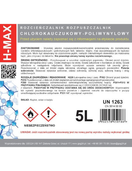 Polivinilchlorido gumos skiediklis dažams ir lakams H-MAX 5L Polivinilchlorido gumos skiediklis dažams ir lakams H-MAX 5L