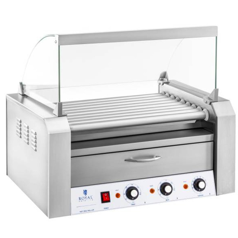 Ritininis ritininis grilis su dangteliu ir kaitinimo stalčiumi bandelėms 16 dešrelių HotDog 2200W 230V Royal Catering