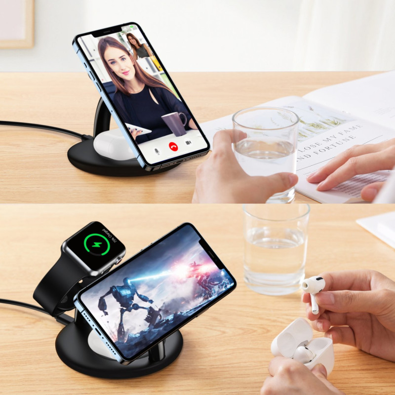 Indukcinė įkrovimo stotelė iPhone AirPods Pro Apple Watch 3in1 juoda