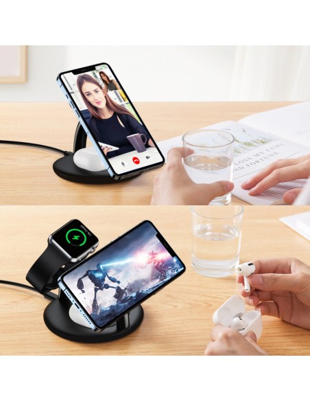 Indukcinė įkrovimo stotelė iPhone AirPods Pro Apple Watch 3in1 juoda Indukcinė įkrovimo stotelė iPhone AirPods Pro Apple Watch 3in1 juoda