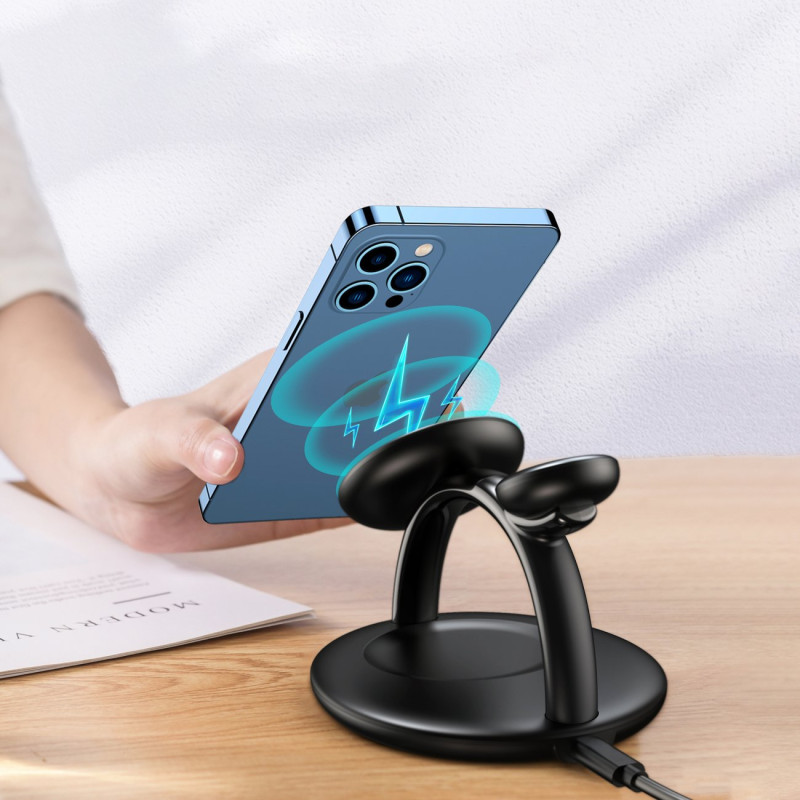 Indukcinė įkrovimo stotelė iPhone AirPods Pro Apple Watch 3in1 juoda