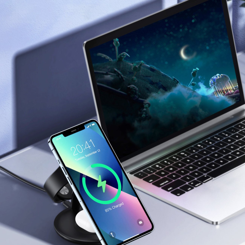 Indukcinė įkrovimo stotelė iPhone AirPods Pro Apple Watch 3in1 juoda