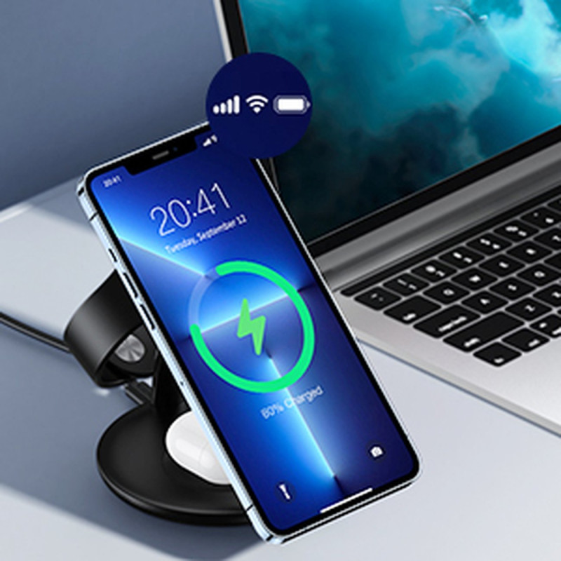 Indukcinė įkrovimo stotelė iPhone AirPods Pro Apple Watch 3in1 juoda