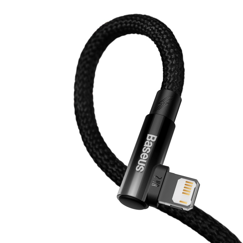Kampinis kabelio laidas su šoniniu USB kištuku Iphone Lightning 2m 2.4A juodas