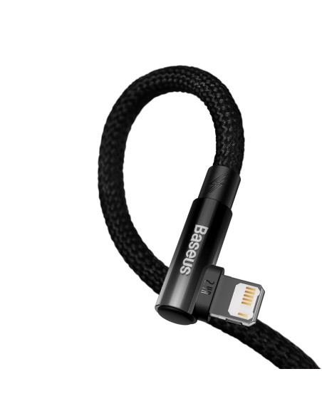 Kampinis kabelio laidas su šoniniu USB kištuku Iphone Lightning 2m 2.4A juodas Kampinis kabelio laidas su šoniniu USB kištuku Iphone Lightning 2m 2.4A juodas