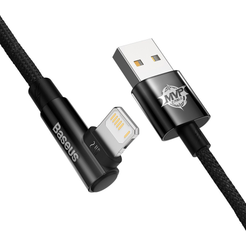 Kampinis kabelio laidas su šoniniu USB kištuku Iphone Lightning 2m 2.4A juodas