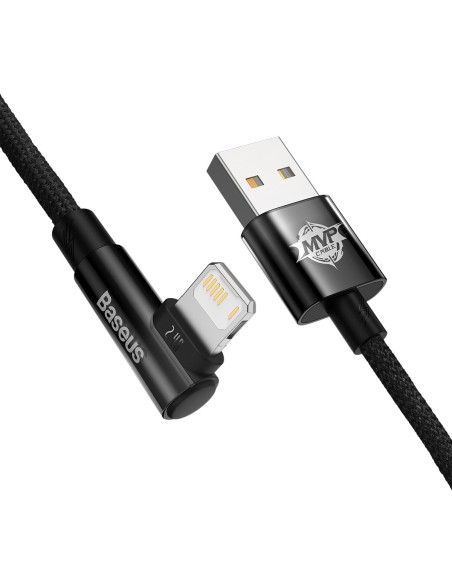 Kampinis kabelio laidas su šoniniu USB kištuku Iphone Lightning 2m 2.4A juodas Kampinis kabelio laidas su šoniniu USB kištuku Iphone Lightning 2m 2.4A juodas