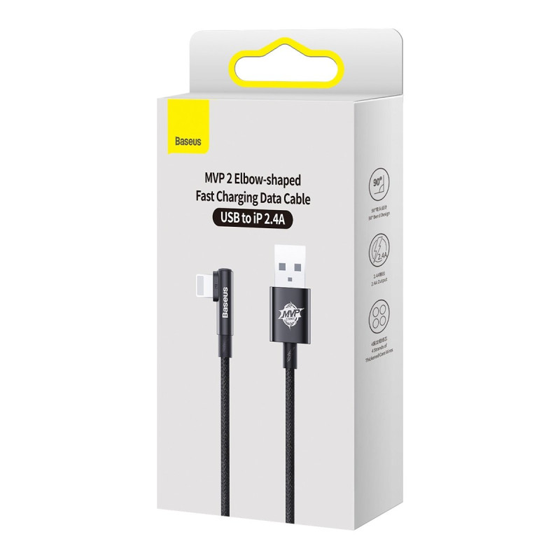 Kampinis kabelio laidas su šoniniu USB kištuku Iphone Lightning 2m 2.4A juodas