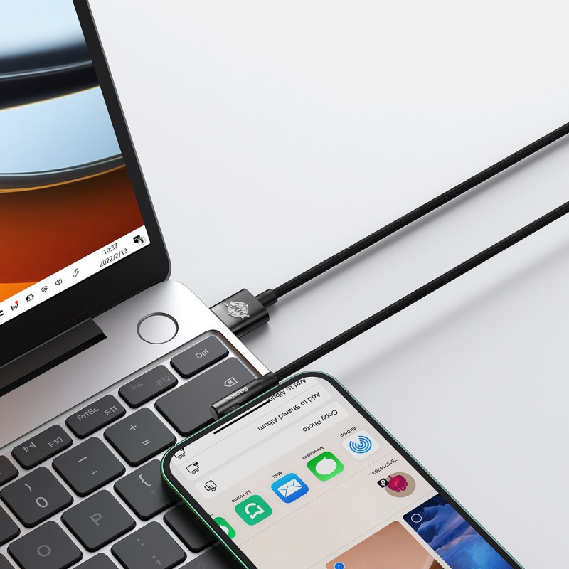 Kampinis kabelio laidas su šoniniu USB kištuku Iphone Lightning 2m 2.4A juodas