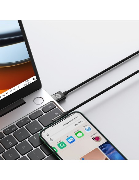 Kampinis kabelio laidas su šoniniu USB kištuku Iphone Lightning 2m 2.4A juodas Kampinis kabelio laidas su šoniniu USB kištuku Iphone Lightning 2m 2.4A juodas