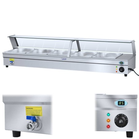 Bain marie vandens šildytuvas su čiaupu ir stikliniu dangteliu 2200W 30L + 5x GN1/2 talpa Bain marie vandens šildytuvas su čiaupu ir stikliniu dangteliu 2200W 30L + 5x GN1/2 talpa