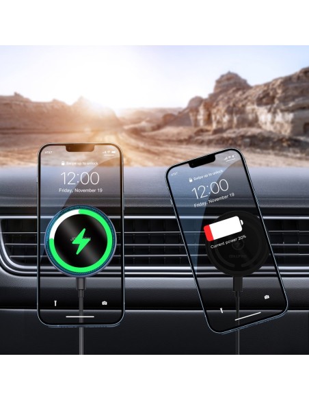 Magnetinis laikiklis su Qi 15W MagSafe indukciniu įkrovikliu sidabrinėms grotelėms Magnetinis laikiklis su Qi 15W MagSafe indukciniu įkrovikliu sidabrinėms grotelėms