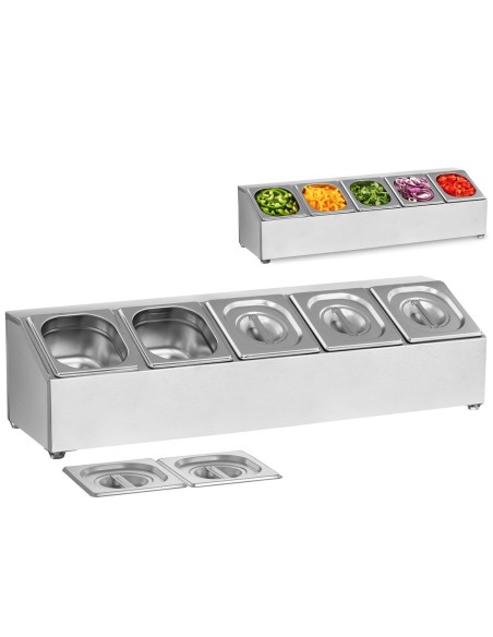 Stovas maitinimo konteineriams 5 x GN1/6 + 5 x konteineriai Stovas maitinimo konteineriams 5 x GN1/6 + 5 x konteineriai