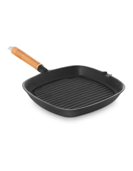Ketaus briaunota stačiakampė keptuvė su medine rankena kepsniams 25x25cm Ketaus briaunota stačiakampė keptuvė su medine rankena kepsniams 25x25cm