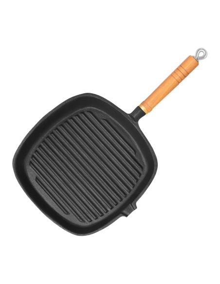 Ketaus briaunota stačiakampė keptuvė su medine rankena kepsniams 25x25cm Ketaus briaunota stačiakampė keptuvė su medine rankena kepsniams 25x25cm