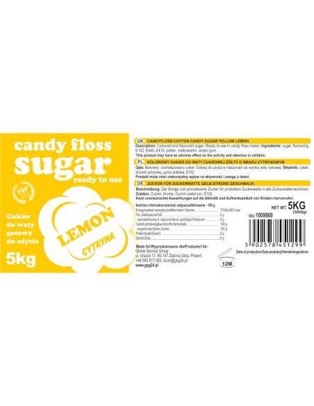 Spalvingo skonio cukrus cukraus vatai geltonos citrinos skonio 5kg Spalvingo skonio cukrus cukraus vatai geltonos citrinos skonio 5kg
