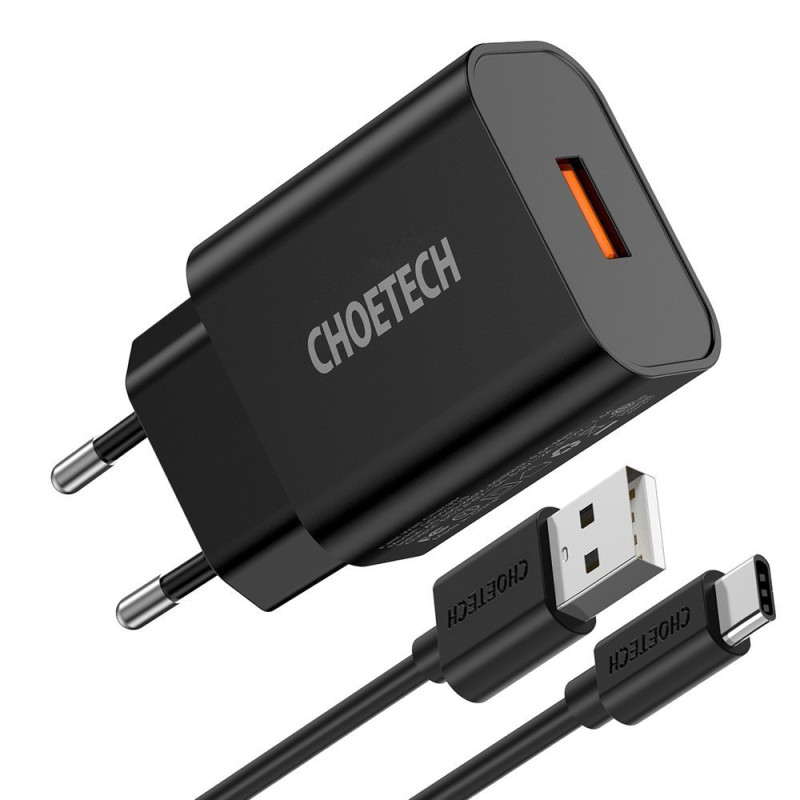QuickCharge 3.0 18W 3A greitas įkroviklis + 1m juodas USB laidas