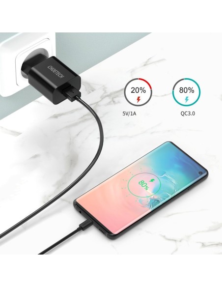 QuickCharge 3.0 18W 3A greitas įkroviklis + 1m juodas USB laidas