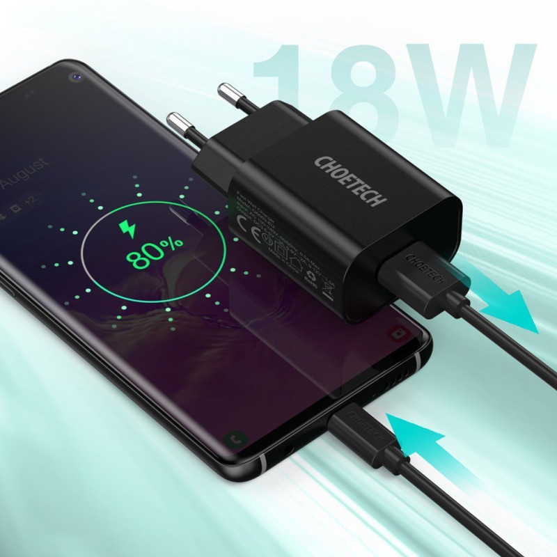 QuickCharge 3.0 18W 3A greitas įkroviklis + 1m juodas USB laidas