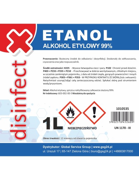 ETANOLIS - Denatūruotas etilo alkoholis DEZINFEKCIJA 99% 1L ETANOLIS - Denatūruotas etilo alkoholis DEZINFEKCIJA 99% 1L