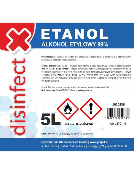 ETANOLIS - Denatūruotas etilo alkoholis DEZINFEKCIJA 99% 5L ETANOLIS - Denatūruotas etilo alkoholis DEZINFEKCIJA 99% 5L