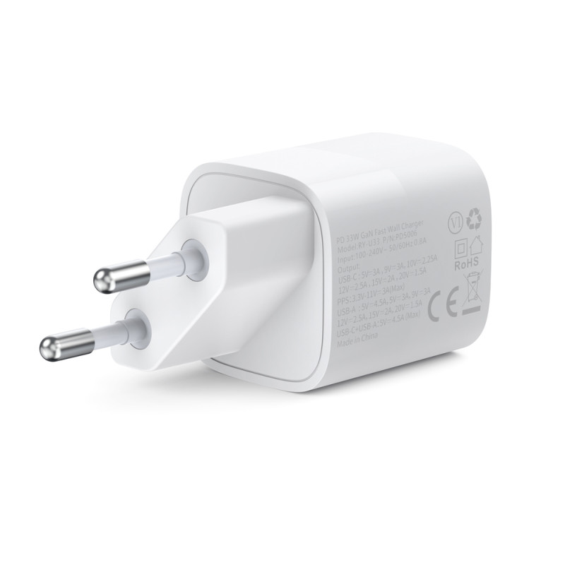 Greitas įkroviklis GaN USB Type C PD QC 33W baltas