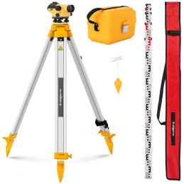 Optinis savaime išsilyginantis nivelyras su trikoju ir lazdele – padidinimas 28x dia. 36 mm