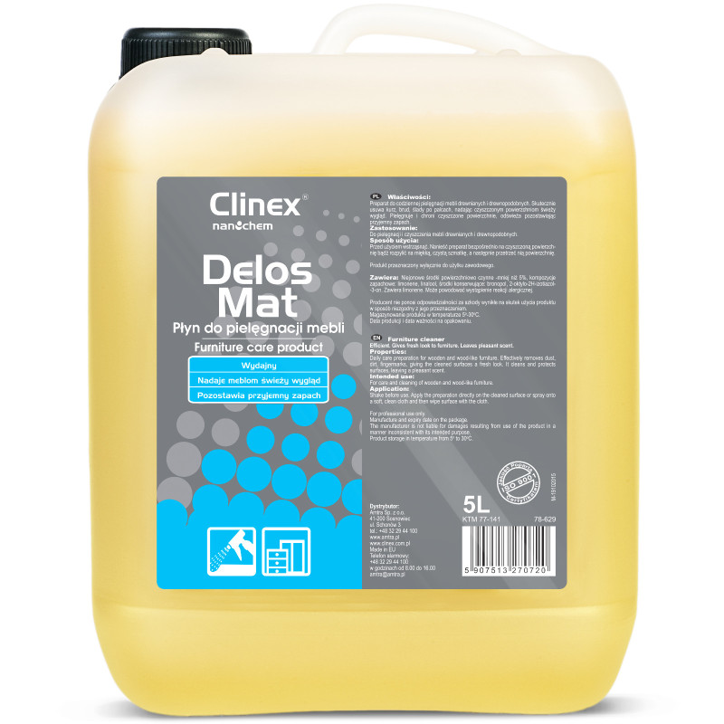 CLINEX Delos Mat 5L medinių baldų priežiūros skystis pašalina dulkes ir nešvarumus CLINEX Delos Mat 5L medinių baldų priežiūros skystis pašalina dulkes ir nešvarumus
