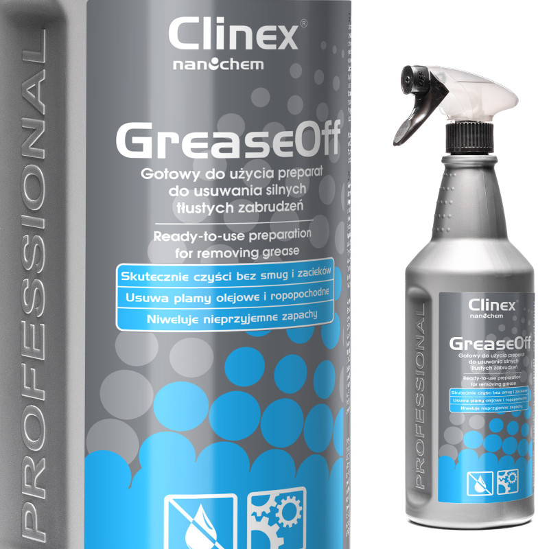 Riebalų šalinimo priemonė dideliems riebiems nešvarumams pašalinti CLINEX GreaseOff 1L Riebalų šalinimo priemonė dideliems riebiems nešvarumams pašalinti CLINEX GreaseOff 1L