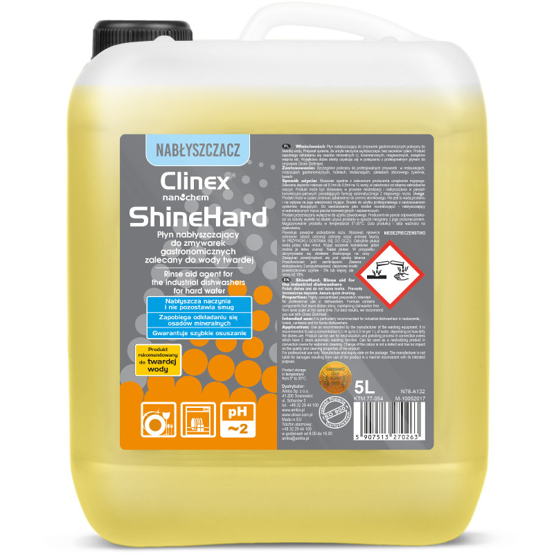 Skalavimo priemonė skalavimo priemonė kieto vandens indaplovėms CLINEX ShineHard 5L Skalavimo priemonė skalavimo priemonė kieto vandens indaplovėms CLINEX ShineHard 5L