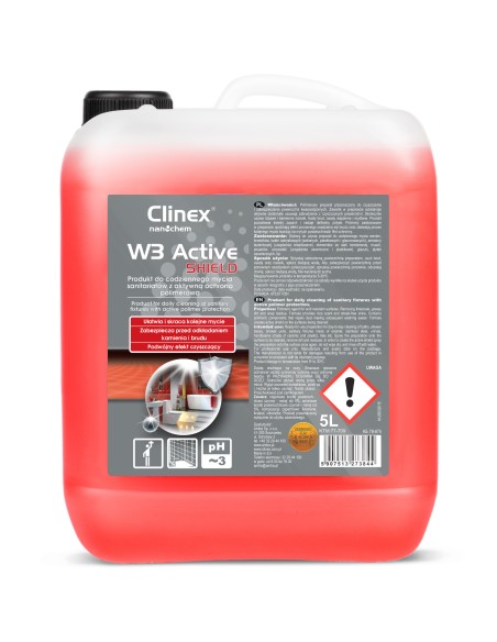 Preparatas vonios tualetui valyti pašalina rūdis ir apnašas nuo muilo CLINEX W3 Active SHIELD 5L Preparatas vonios tualetui valyti pašalina rūdis ir apnašas nuo muilo CLINEX W3 Active SHIELD 5L