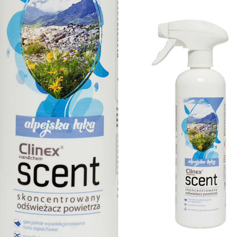 Koncentruotas oro gaiviklis purškiamas ant paviršių CLINEX Scent - Alpejska Łąka 500ML Koncentruotas oro gaiviklis purškiamas ant paviršių CLINEX Scent - Alpejska Łąka 500ML