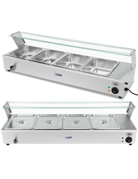 Bain marie elektrinis šildytuvas su čiaupu ir dangteliu 1800 W 4x GN 1/2 gylio 100mm 24L Bain marie elektrinis šildytuvas su čiaupu ir dangteliu 1800 W 4x GN 1/2 gylio 100mm 24L
