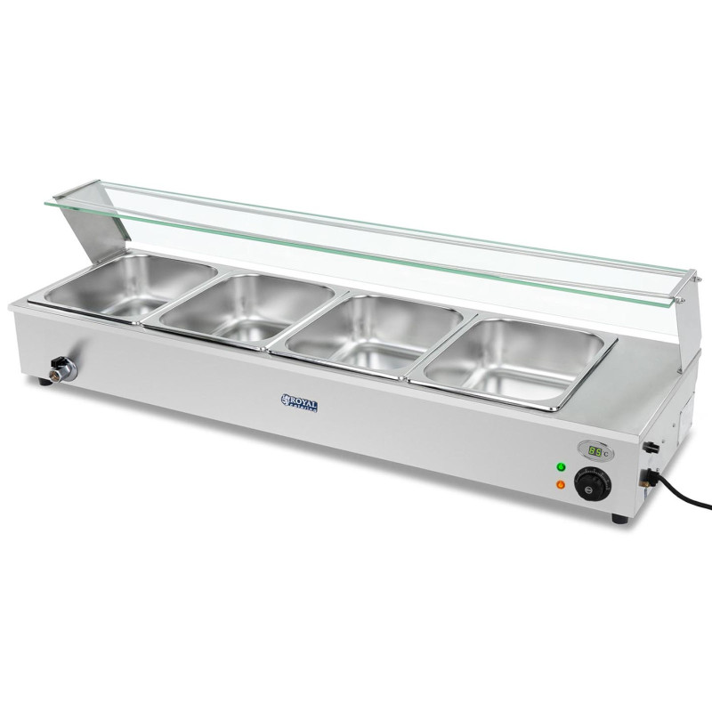 Bain marie elektrinis šildytuvas su čiaupu ir dangteliu 1800 W 4x GN 1/2 gylio 100mm 24L