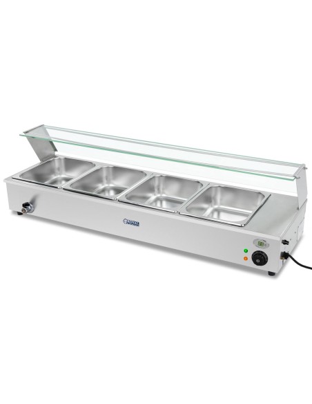 Bain marie elektrinis šildytuvas su čiaupu ir dangteliu 1800 W 4x GN 1/2 gylio 100mm 24L Bain marie elektrinis šildytuvas su čiaupu ir dangteliu 1800 W 4x GN 1/2 gylio 100mm 24L