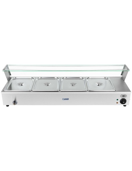 Bain marie elektrinis šildytuvas su čiaupu ir dangteliu 1800 W 4x GN 1/2 gylio 100mm 24L Bain marie elektrinis šildytuvas su čiaupu ir dangteliu 1800 W 4x GN 1/2 gylio 100mm 24L