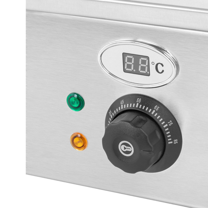 Bain marie elektrinis šildytuvas su čiaupu ir dangteliu 1800 W 4x GN 1/2 gylio 100mm 24L