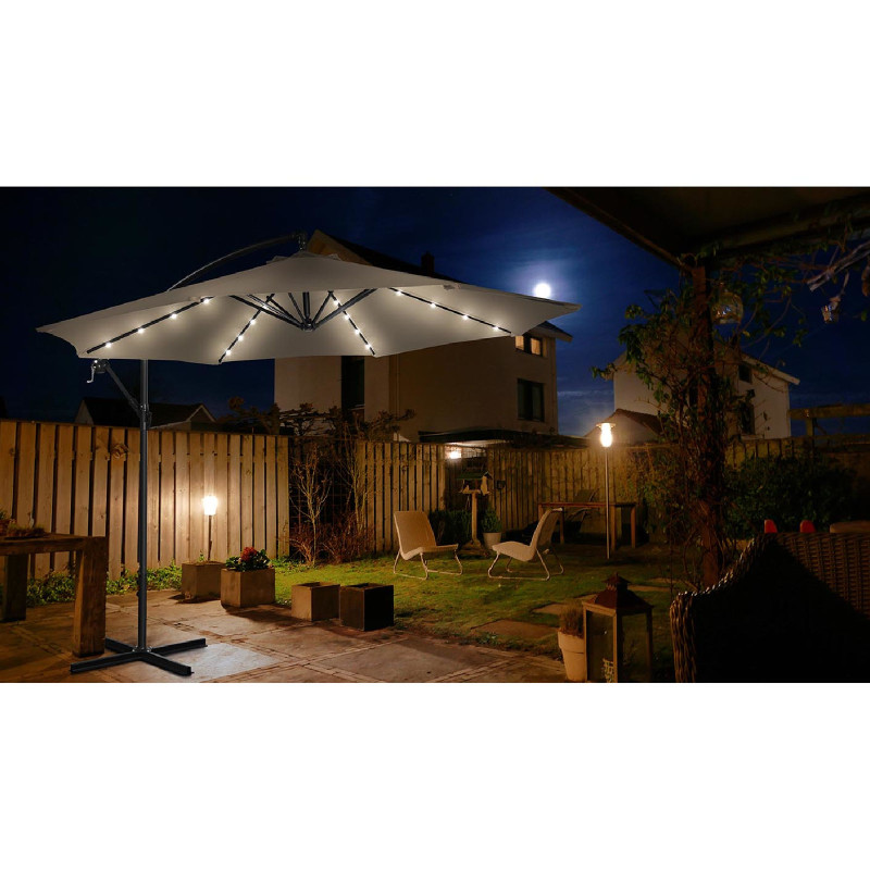Sodo skėtis ant apvalios rankos su LED apšvietimu, sk. 300 cm smėlio spalvos
