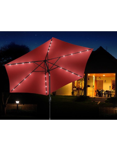 Apvaliai pakreipiamas sodo skėtis su švaistikliu, LED apšvietimas, sk. 300cm raudona Apvaliai pakreipiamas sodo skėtis su švaistikliu, LED apšvietimas, sk. 300cm raudona